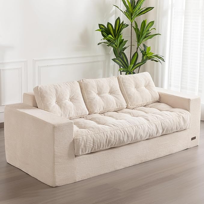 MAXYOYO 3 Seater Couch for Living Room, Boneless Couch with Tufted Cushion & Backrest, Upholstered Floor Sofa for Adults, No Assembly Required, Beige