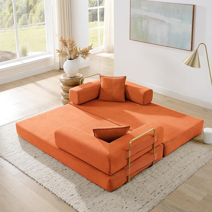 Antetek Convertible Futon Sofa Bed, 3-Seater Modern Corduroy Foam Floor King Size Bed Fold Out Sleeper Lounge Loveseat Sofa Couch with 2 Throw Pillows for Living Room Bedroom Guest Room, Orange