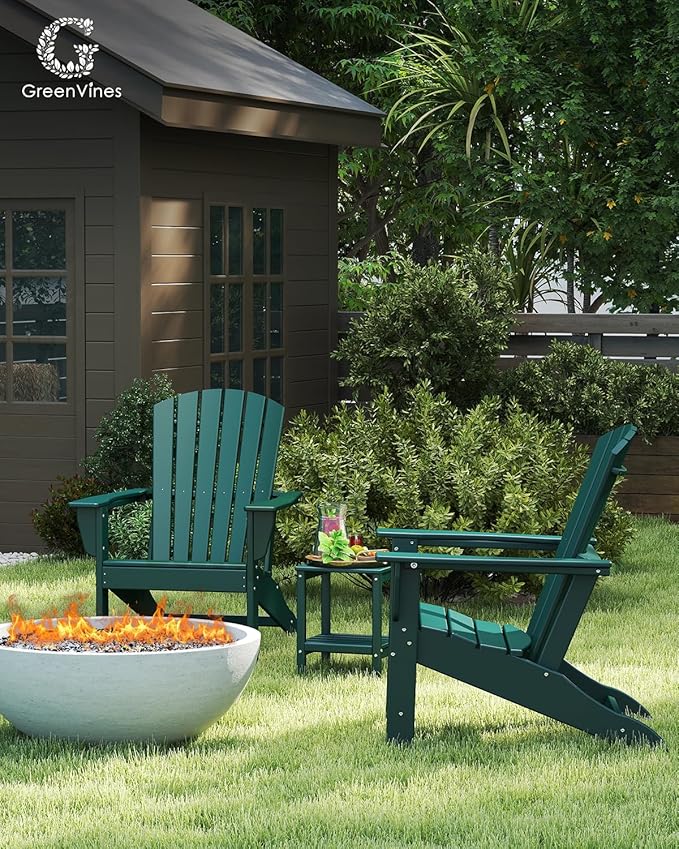 GREENVINES Adirondack Chairs Set of 4 | HDPE Plastic | Oversized Fire Pit Chair | All Weather | Forest | Poly Lumber | for Outdoor Deck Backyard Patio Garden