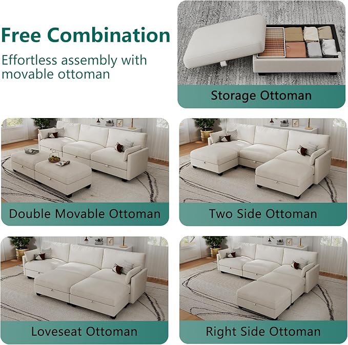 Modular Sectional U Shaped Sofa Couches for Living Room, Cloud Couch with Storage Ottoman, Comfy Chenille Sofa with Pillow, Beige