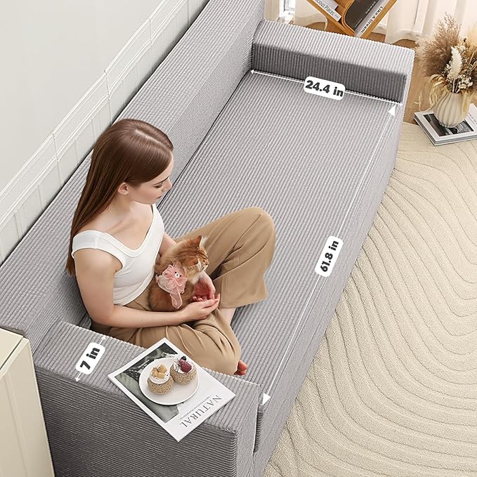 MeMoreCool Sleeper Sofa Bed – 3 Seater Convertible Floor Couch with Pillows, Grey Corduroy Foam Lounger, No Assembly Comfy Folding Futon | Space-Saving Foam Sofa for Small Rooms & Apartments