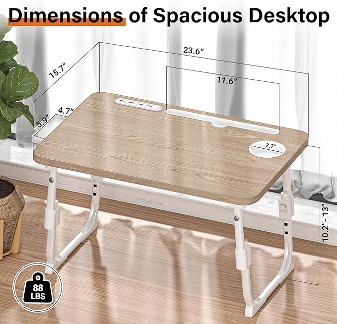 DECOSIS Laptop Desk for Bed Height Adjustable, Lap Bed Table with USB/Storage Drawer/Cup Holder/Tablet Stand/Book Shelf, Foldable Breakfast Tray Portable for Reading Writing, Sofa & Floor, Glacier