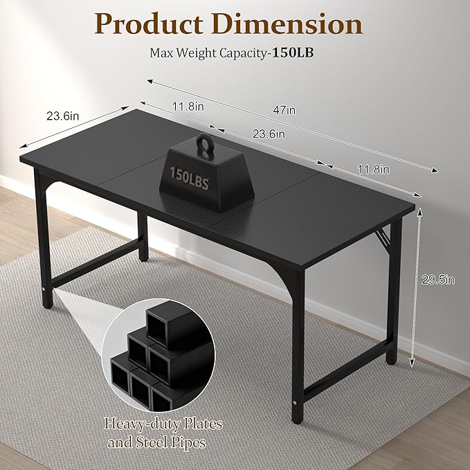 47 X 23.6 Inch Computer Desk, Office Desk w/Deeper Carbon Fiber Desktop, Modern Simple Study Table w/Sturdy Metal Frame & Large Legroom, Gaming Writing Work Desk for Home Office, Bedroom