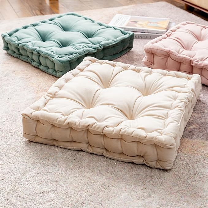 Floor Pillow, Square Floor Seating Pillow Cushion with Handle Thicken Portable Velvet Floor Pillow Cushion for Yoga Living Room Bedroom Home Decor (Brown,15×15×3.15in)