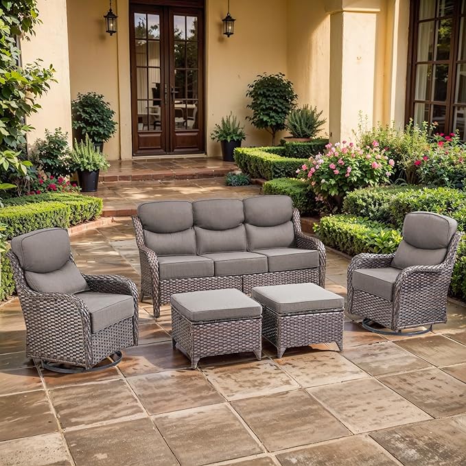 moosprr Luxury High Back Outdoor Furniture with 6-inch Extra Thick Cushions, Patio Furniture Set with Swivel Chairs, 5 PCS Wicker Conversation Set for Yard, Deck, Poolside, Brown/Grey