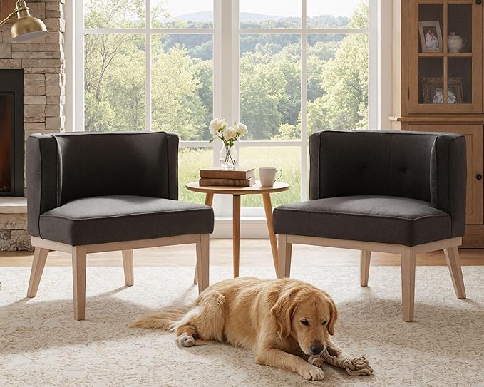 Comfy Barrel Chairs Set of 2 Mid-Century Modern Accent Chairs with Wooden Leg Upholstered Reading Chair Linen Fabric Waiting Room Round Side Chairs for Living Room Bedroom Office, Charcoal