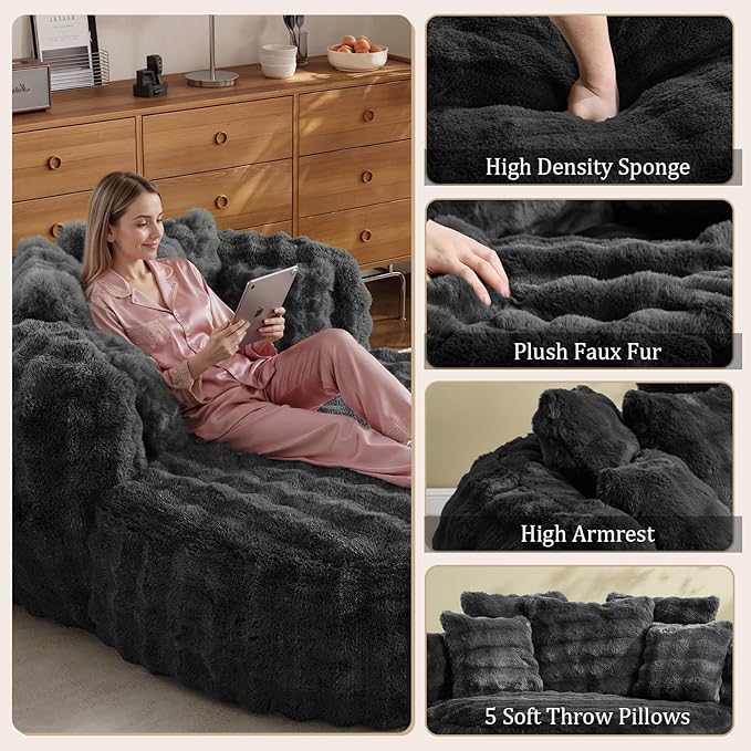 55" W Oversized Round Chaise Lounge Chair with Ottoman Indoor Boneless Faux Fur Plush Fluffy Circle Couch Soft Comfy Cozy Cloud Reading Chair with 5 Pillows for Living Room, Playroom, Bedroom - Grey