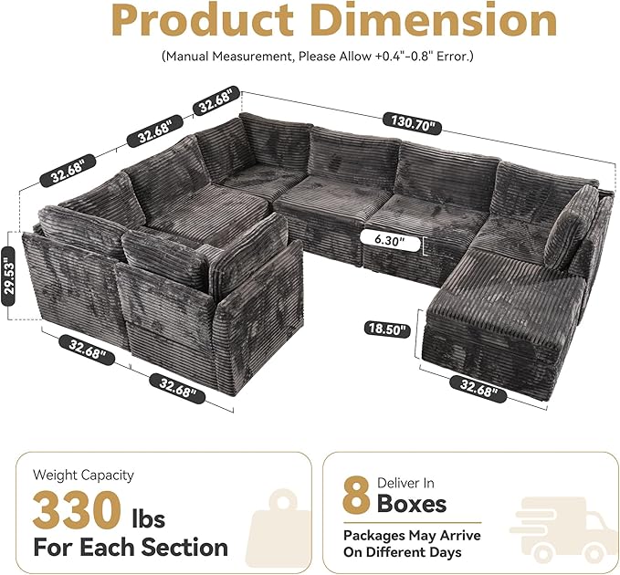 CAODOC Large 8 Seat Modular Sectional Sofa with Ottoman Seat Corduroy Sleeper Sectional Sofa Bed Oversized Convertible Modular Couch for Living Room