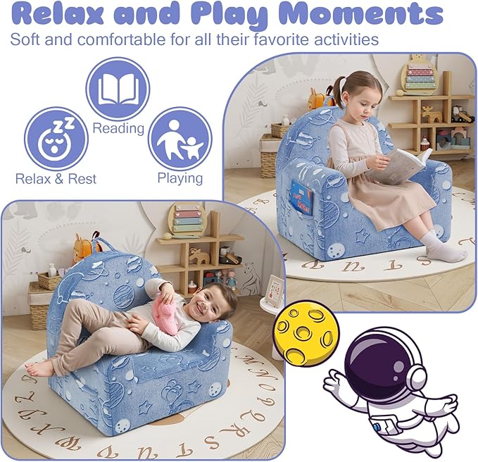 MeMoreCool Comfy Toddler Chair for 1-3 Years Old, Glow Space Kids Reading Chair, Soft Plush Toddler Armchair, Cozy Foam Lounge Kids Armchair for Baby Room, Living Room, Playroom, Reading Nook