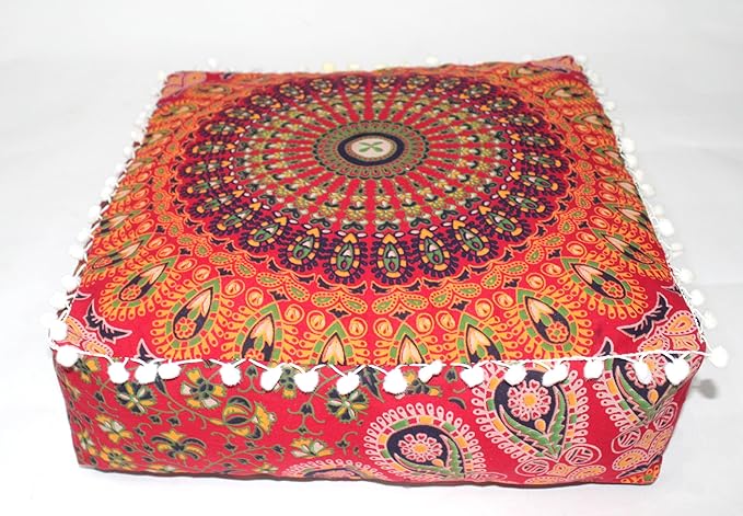 CRAFT KALA Red Peacock Large Hippie Mandala Meditation Floor Ottoman Pillow Cushion Pouf Cover Square Poufs Bohemian Circle Floor Cushion Case Outdoor Fireplace Yoga Living Room Decor Cover 16" Square
