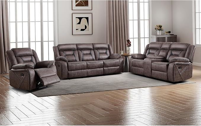 EBELLO Faux Leather Recliner Sofa Furniture Set for Living Room, Recliner Chair, Manual Loveseat, 3 Seat Recliniing Sofa Couch Set for Meeting Room, Grey