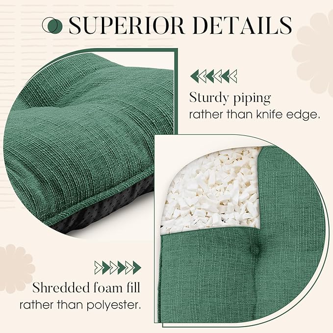 Basic Beyond Chair Cushions for Dining Chairs 6 Pack, Chair Cushion with Ties and Non Slip Backing, 15.5 x 15.5 inches Tufted Chair Pads for Dining Chairs, Forest Green