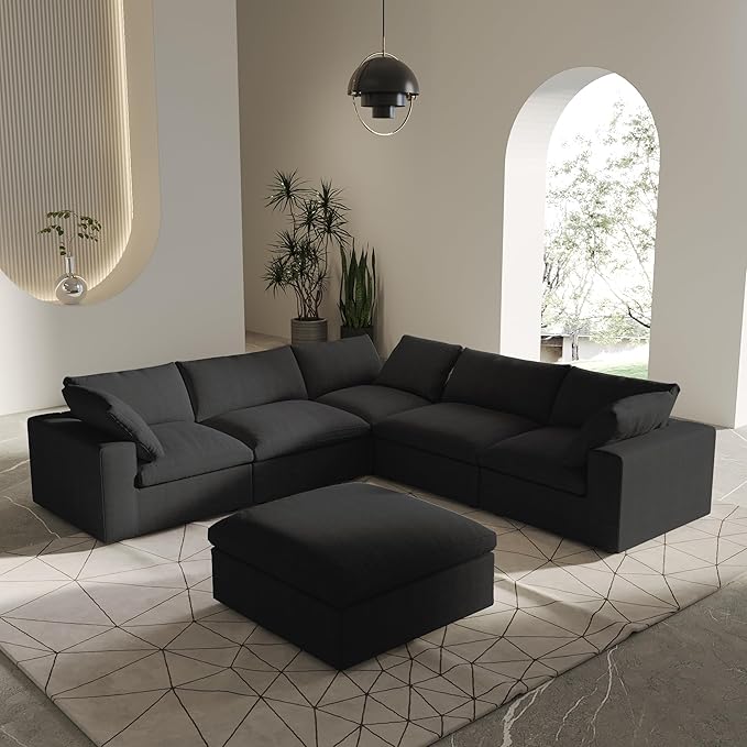 V-Shaped Cloud Sectional Couch, Modular Sectional Sofa, Modern Comfy Cloud Sofa with Storage Ottoman, Covers Removable, Convertible Sleeper Couch for Living Room Apartment (Black, Linen Fabric)