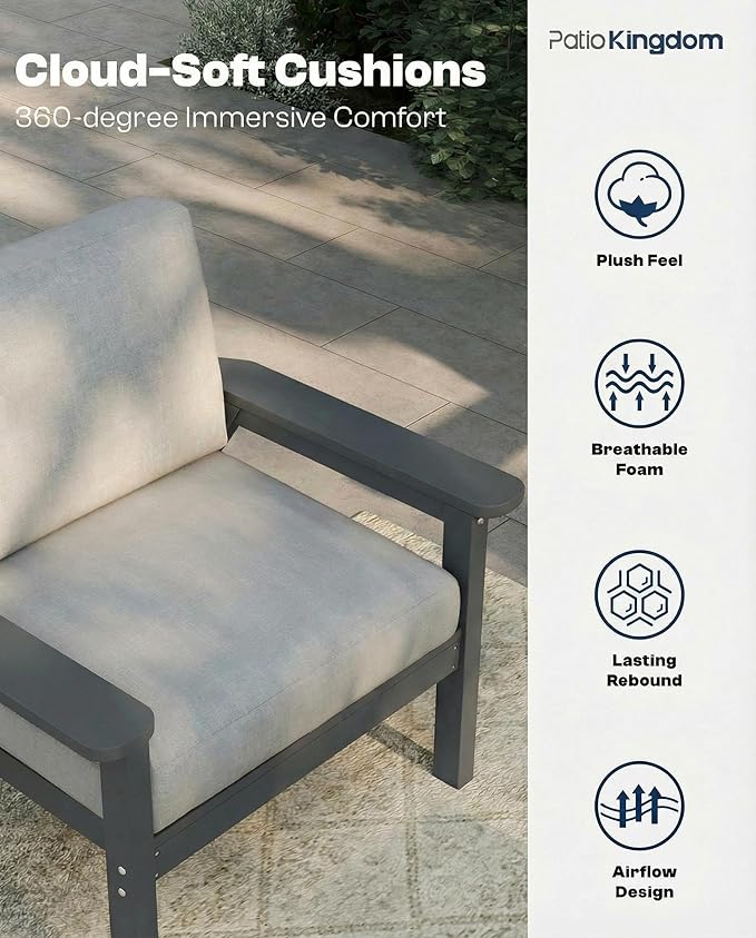 Patio Kingdom 7 Piece Patio Conversation Sets, Outdoor Couch with Washable Thick Gray Cushions, HDPE Patio Furniture Set with 12FT Umbrella, Outdoor Sectional Furniture for Backyard (Grey Frame)