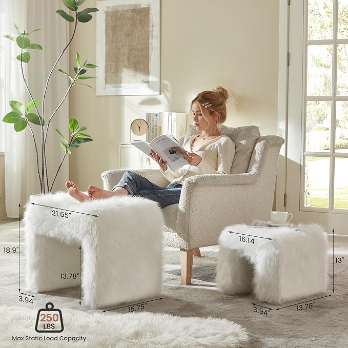 Ottoman Set of 2 Small Footstool Ottoman Vanity Stool Chair Faux Fur Seating Backless Modern Foot Rest Furry for Makeup Room Living Room Bedroom Entryway,White (2-in-1)