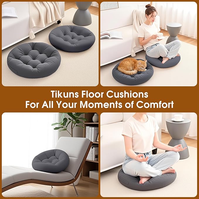 4Pcs Floor Pillows for Adults, 22x22x6 Inch Meditation Cushions, Large Round Sitting Cushion Living Room Memory Foam Pillow for Sitting (4, Grey, 22x22x6 Inch)