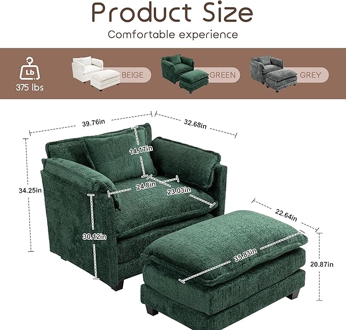 KEIKI Boucle Accent Chair with Storage & Ottoman, Oversized Reading Arm Chair w/Double Cushion, Modern Side Deep Seating Chairs Set, Corner Comfy Lounge Armchair for Living Room, Bedroom, Dark Green