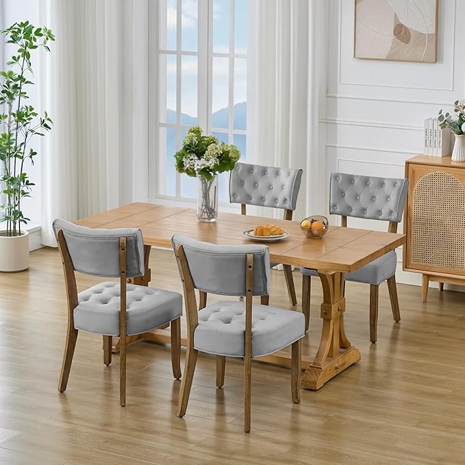 UVV Upholstered Dining Chairs Set of 4, Mid Century Modern Tufted Kitchen Chairs Dining Room Chairs, Velvet Dinner Chair with Wood Legs for Dining Room Kitchen, Light Grey