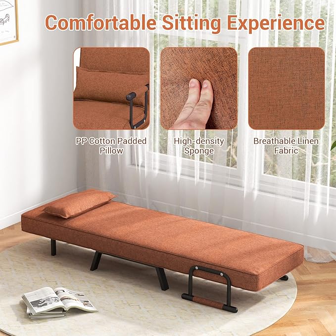 KOMFOTT Convertible Sleeper Chair Bed, 4-in-1 Folding Sofa Bed with 6-Position Adjustable Backrest, Upholstered Chaise Lounge with Removable Pillow, Leisure Recliner Lounge Couch for Home Office
