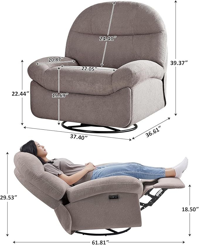 VANOMi Power Recliner Chair with Charging, 270° Swivel Glider Rocker Nursery Chair for Living Room, Bedroom, Nursing Room Office, Adjustable Comfort Rocking Chair, Taupe, Sets of 2