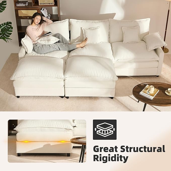 GOSUHI 108" U Shaped Couch, Modular Sectional Sofa, 3-Seater Comfy Cloud Couch with Movable Ottoman, Deep Seat Couches for Living Room, Chenille, Ivory