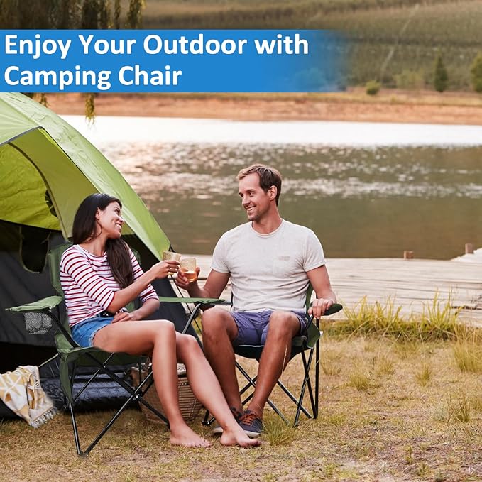 SAILARY Folding Camping Chair with Cup Holder and Cooler Bag, 225lbs Capacity, Upgraded Portable Foldable Chair with Heavy Duty Steel Frame for Outdoor, Beach, Fishing, Backpacking, Green 2PCS