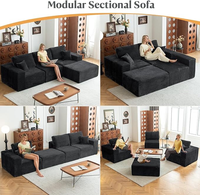 MODNEST 108" Modular Sectional Sofa Cloud Couch with Deep Seats, L Shape Couch with Chaise and Movable Ottoman, Sectional Couches for Living Room, Comfy Boneless Couches No Assembly Required, Grey