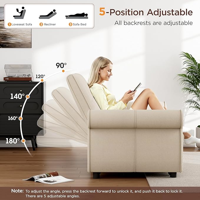 3 in 1 Sofa Bed, 61 Inch Convertible Pull out Couch with Four Pillows, Loveseat Sleeper Sofa with Adjustable Backrest, Sofa Couches for Living Room, Bedroom, Apartment, Chenille Fabric, Beige