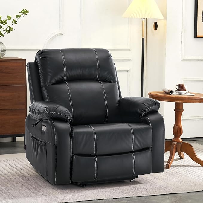 MCombo Small-Wide Power Lift Recliner Chair with Massage and Heat for Petite Elderly People, 3 Positions, 2 Side Pockets, USB Ports, Faux Leather R7410 (Black, Small-Wide)
