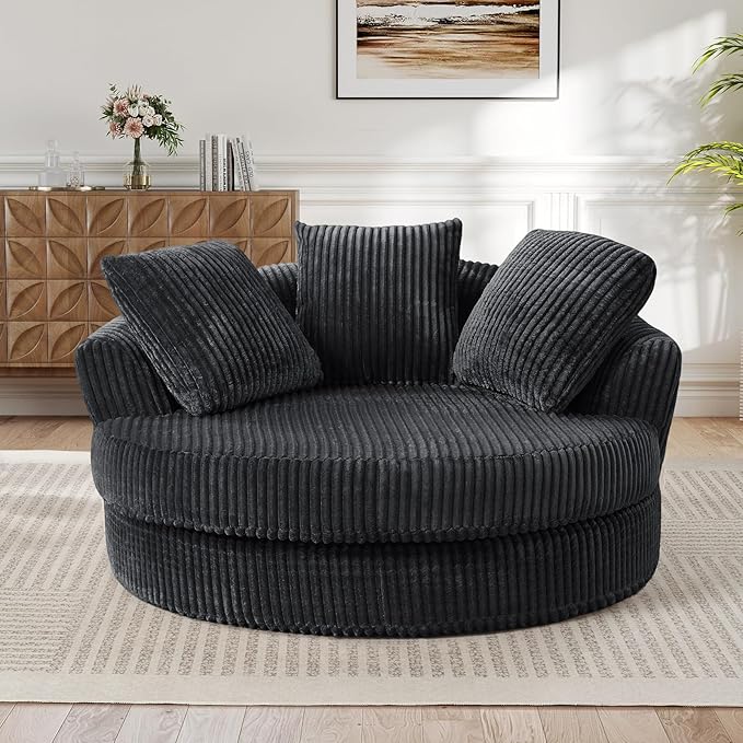 61"W Oversized Round Chaise Lounge Chair Indoor, Upholstered Corduroy Large Circle Boneless Chair with Deep Seat, No Assembly Required, Modern Comfy Cloud Sofa Chairs for Living Room, Bedroom(Grey)
