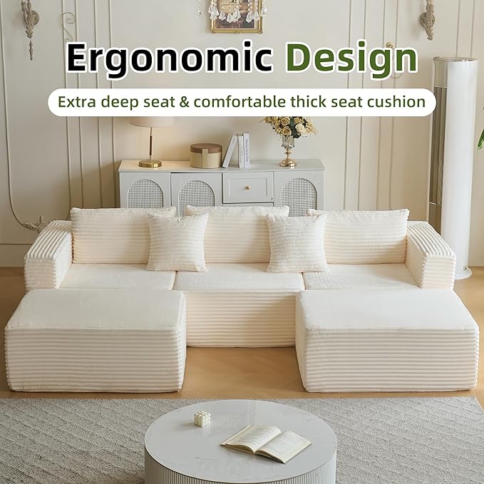 110" Modular Sectional Couch with 2 Movable Ottoman, Cloud Sofa Couches for Living Room, U Shaped Deep Seat Boneless Sofa,Luxury Corduroy Fabric, No Assembly Required White