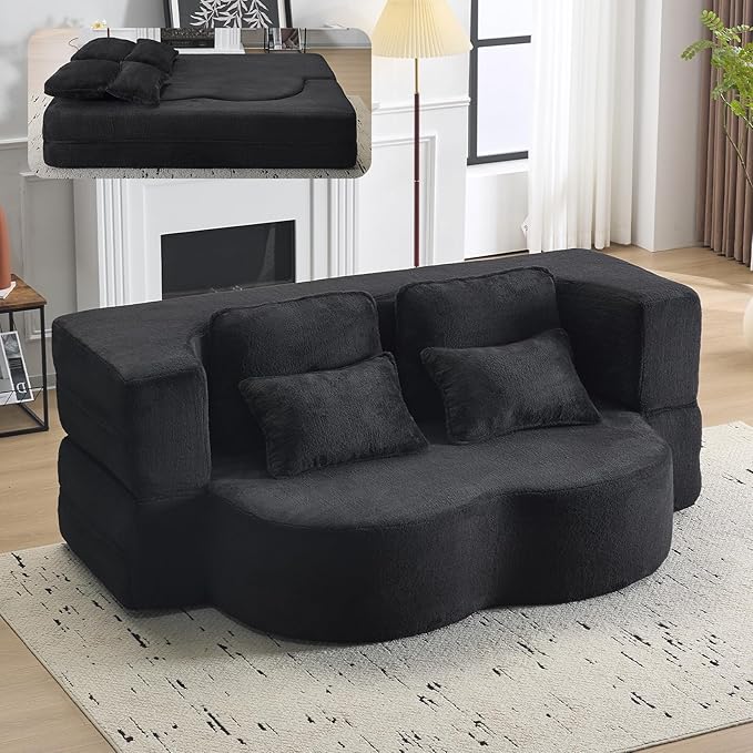 Orynveela Convertible Folding Sofa Bed, 78” Full Size Sleeper Loveseat, Chenille Full Foam Floor Couch for Living Room Bedroom, No Assembly Required (Black)