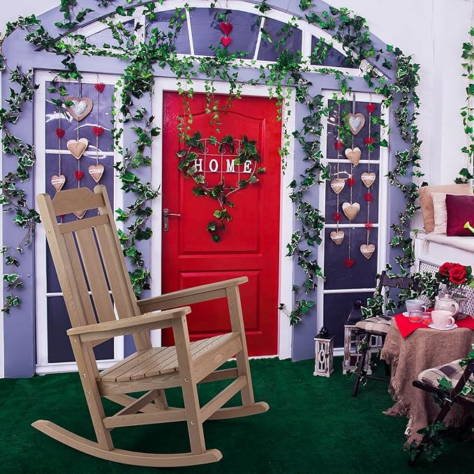 hOmeHua Rocking Chair, All-Weather Oversized Outdoor Indoor, Patio Fade-Resistant Porch Rocker Chairs, Durable Smooth Rocking,Comfortable Easy to Assemble, Low Maintain (Wood Color)