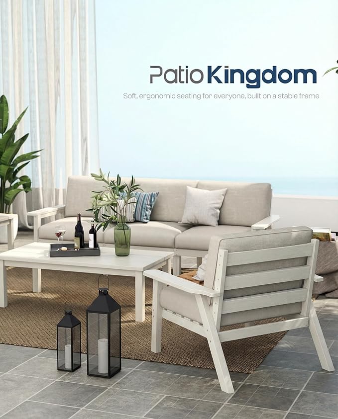 Patio Kingdom Patio Furniture Set 2 Seats, HDPE Outdoor Sectional with Beige Washable Thick Cushions, Coffee Table, Patio Conversation Sets for Lawn, Garden, Porch, Balcony, Deck (White Frame)