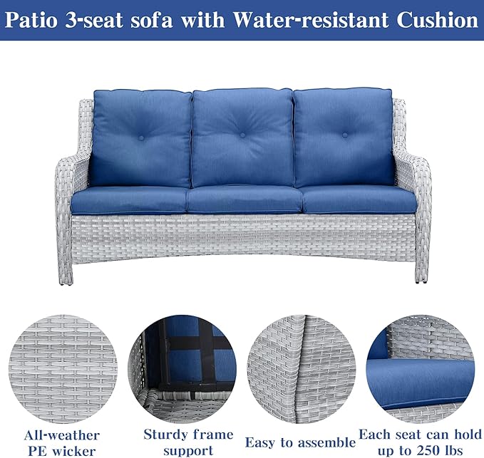 Belord Wicker Patio Furniture Sets - 8 Piece Outdoor Rattan Furniture Conversation Sets with 4 Swivel Rocker Chairs, Rattan Sofa, Wicker Ottomans and Coffee Table, Light Grey/Blue