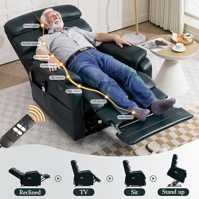 Power Lift Recliner Chair, Big Tall Man Lay Flat Ergonomic Lounge with Extended Footrest for Elderly People, Single Sofa Heat & Massage. Home Theater Seat, USB&Type-C Port (PU Leather, Blue)