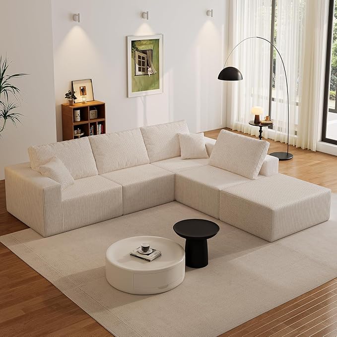 Boneless Cloud Sectional Couch for Living Room, Compressed Modular L-Shaped Sofa with Deep Seat, Frameless Corduroy Couch in Boxes, No Assembly Required, Beige Middle