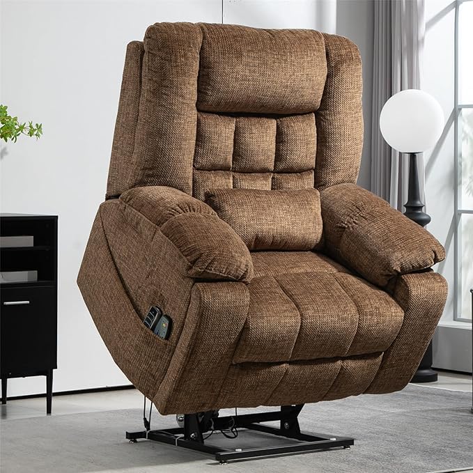 27in Extra Wide Recliner Chair for Big Man 400lbs, 4-Motor Power Lift Recliner Chair with Heat and Massage, Overstuffed Lay Flat Recliner with Hidden Cup Holder for Elderly, Brown