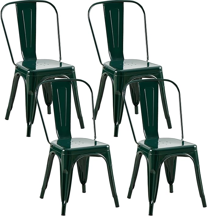 Metal Dining Chairs Set of 2,Stackable Tolix Chair Indoor/Outdoor for Kitchen,Cafe,Restaurant,Bistro & Patio Multiple Colors(Dark Green)