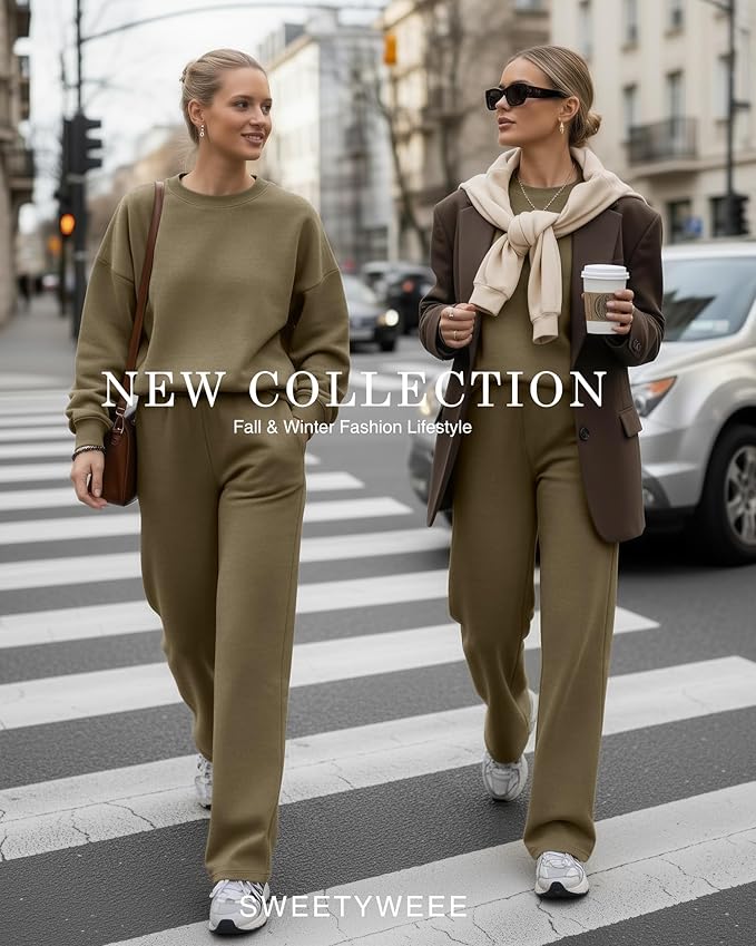 Sweetyweee Women's 2 Piece Outfits Set Fleece Lined Lounge Sweatsuit Crewneck Pullover Top Wide Leg Pants Casual Tracksuit(Khaki,X-Large)