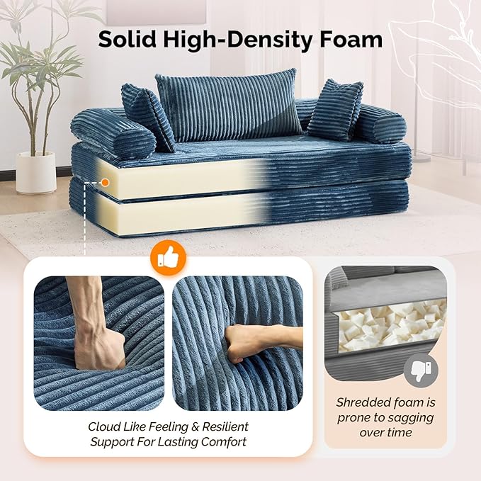 VINGLI Convertible Futon Sofa Bed, Upholstered Corduroy Boneless Couch King Size Floor Loveseat Sleeper Sofa with 2-in-1 Throw Pillow, Couches for Living Room, Bedroom, Lounge, Navy Blue