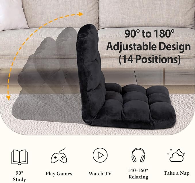 Epetlover 14-Position Adjustable Floor Gaming Chair Foldable Memory Foam Armless Sofa Seat Couch Recliner with Comfy Back Support for Working Meditation Reading, Black