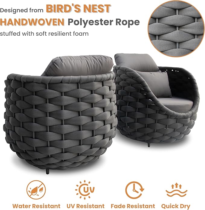 Erotr Balcony Furniture Set for Apartments: 4 Pieces Aluminum Woven Rope Patio Conversation Set - Modern Cushioned Lounge Chair Set - Assembled Porch Armchair for 400lbs Garden Lanai Hotel, Dark Grey