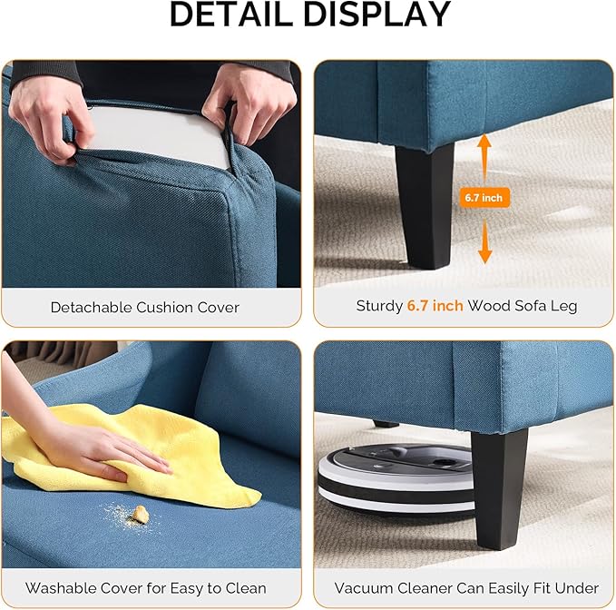 VINGLI Linen Fabric Accent Chair Navy Blue, Modern Upholstered Armchair, Comfy Sofa Chair Living Room Bedroom Furniture for Apartment