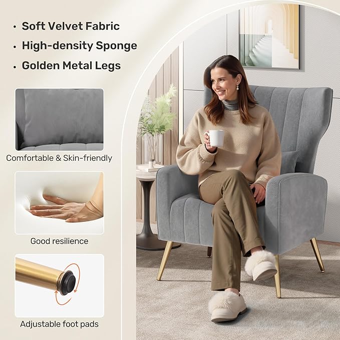 Nalupatio Modern Accent Chairs for Set of 2 Upholstered Velvet Fabric Reading Chair Mid Century Arm Chair Comfy Armchair for Living Room,Grey