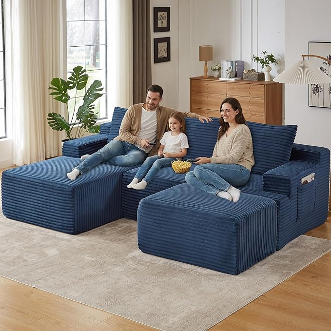 96" U-Shape Cloud Couch, Modern Modular Sectional L-Shape Sofa with Ottoman, Corduroy Upholstered Couches Deep Seat Sleeper Chaise Longue for Living Room, No Assembly Required(Blue, Left Facing)