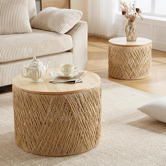 LZAREAL Farmhouse Round Coffee Table with Storage Boho Living Room Table with Lifting Top Hand-Woven Rattan Nesting Coffee Tables for Living Room, Natural