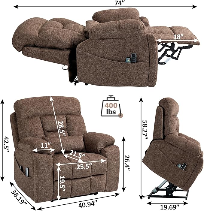 Oversized Lay Flat Power Lift Recliner Chair, 400lbs, 25.5in Extra Wide, 4-Motor, Heat and Massage, Hidden Cup Holder, Sleeping, Big Man, Elderly (Dark Brown)