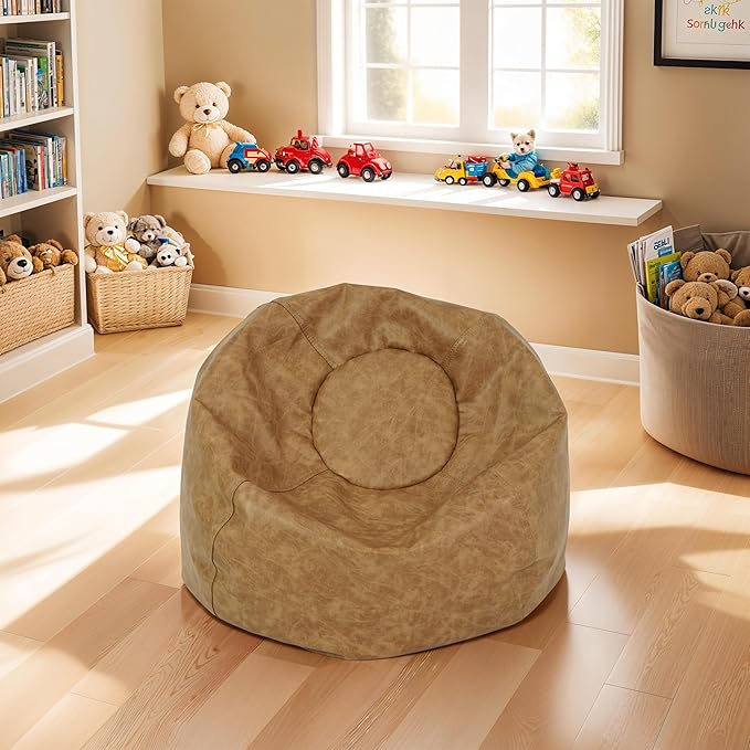 FDP Rustic Kid 22" Bean Bag Chair, Furniture for Kids, Perfect for Reading, Playing Video Games or Relaxing, Alternative Seating for Classrooms, Daycares, Libraries or Home - Pecan