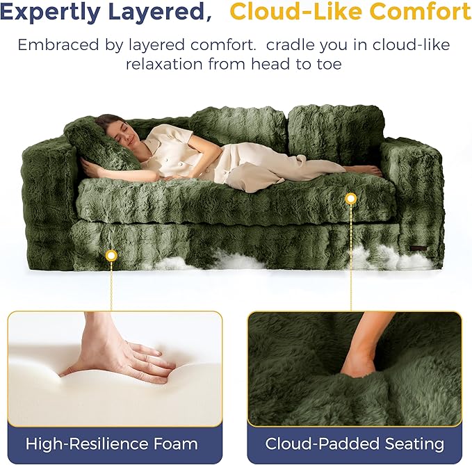 MAXYOYO 3-Seater Boneless Sofa Couch, Modern Bubbled Sofa for Living Room, Soft Bean Bag Chair High-Density Foam Couch with Pillows, No Assembly Required